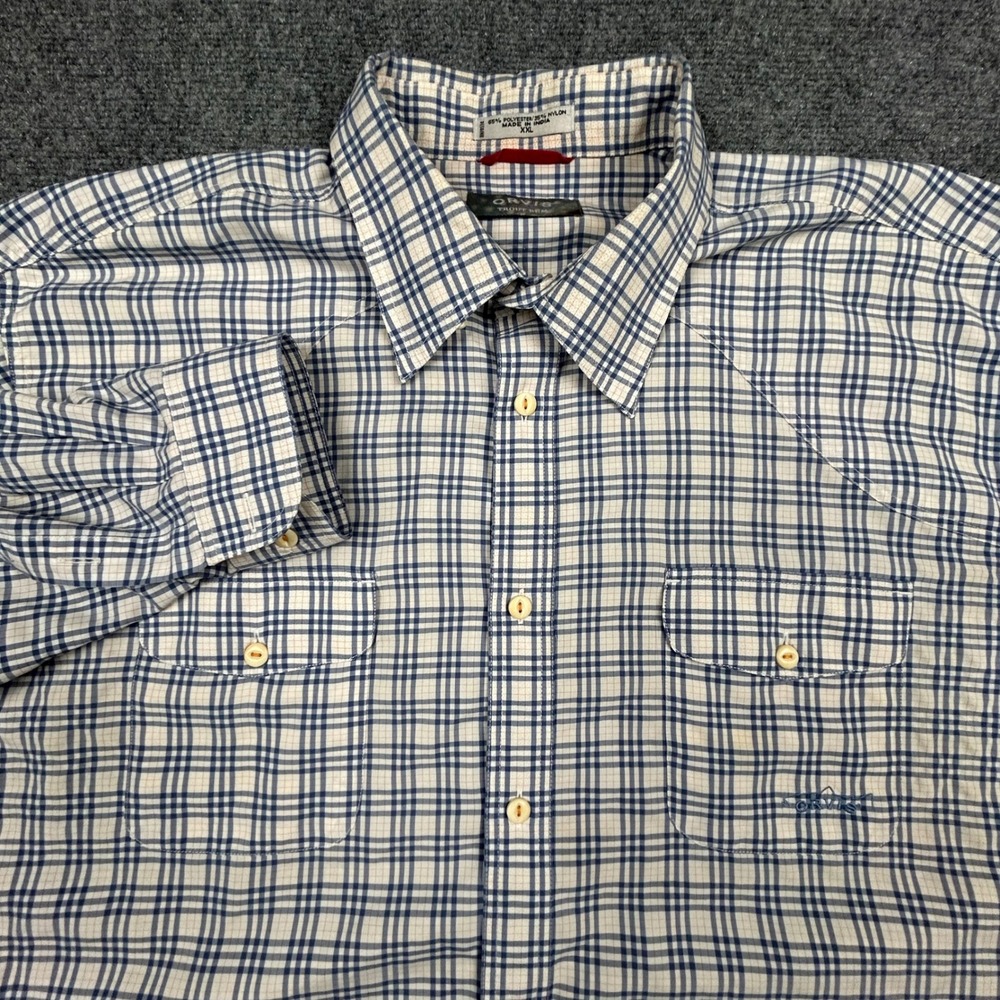 Orvis Button Down Shirt Mens XXL Blue‎ Orange Plaid Trout Bum Western Fishing